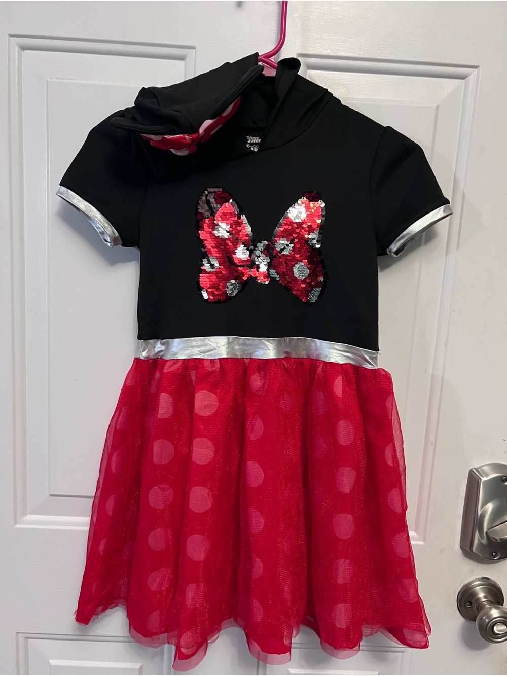 Disney Junior Minnie Mouse M 7/8 Tulle Dress Black Red Polka Dot Sequin Bow